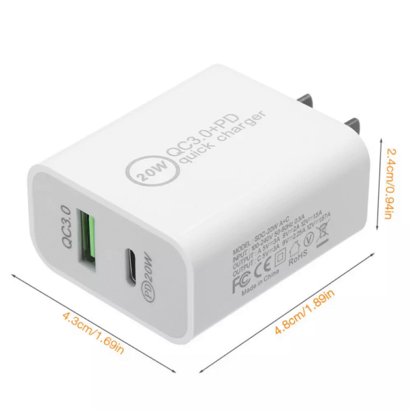 20W USB-C Fast Charger - PD3.0 QC3.0 Dual Port Power Adapter for iPhone Samsung Android Devices - Image 2