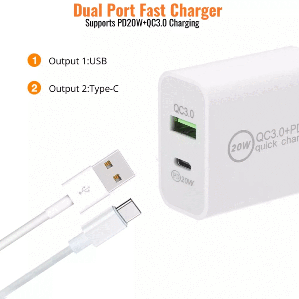 20W USB-C Fast Charger - PD3.0 QC3.0 Dual Port Power Adapter for iPhone Samsung Android Devices - Image 4