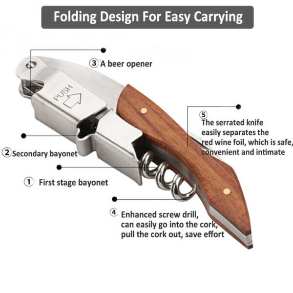 Professional Waiter's Wine Opener - Double Hinged Corkscrew with Wood Handle for Restaurant & Home Use - Image 3